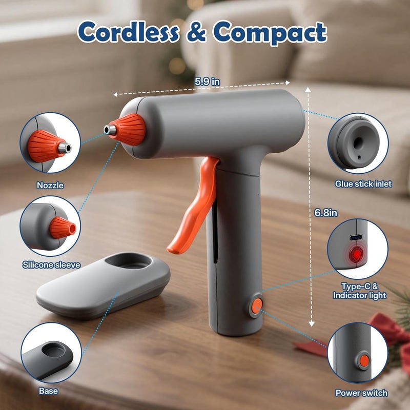 VIWKO Cordless Hot Glue Gun and 40 Sticks, Fast Preheating with Anti-Drip Nozzle, 3Ah Built-in Battery, USB-C Rechargeable Cordless Glue Gun for Kids Classroom DIY Arts Crafts Home Repairs (7mm) - Image 3